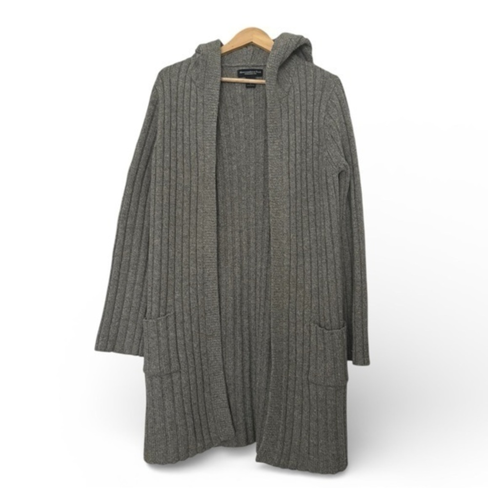 Abercrombie & Fitch 100% Wool Ribbed Hooded Cardigan Gray Womens Large